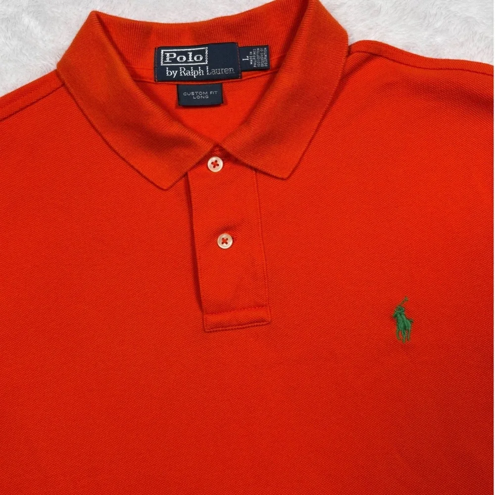 Polo Ralph Lauren Polo Shirt Men L (FIT M) Orange CUSTOM LONG Green Pony Preppy